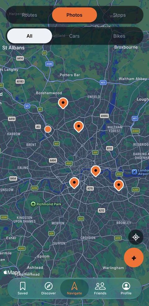 The RoadCom map with orange pins across London